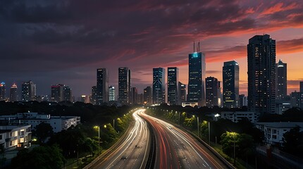 Fototapeta premium long exposure photograph of a city at night with streaks of red