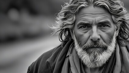 Black and white portrait of an elderly man with long hair and a beard, resembling Moses