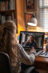 Person with long hair working remotely on laptop in home office with books and lamp in the background, during a video call.