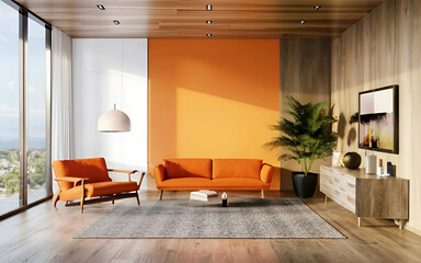 Fototapeta premium Modern minimalist living room interior with sofa on a wooden floor,generated ai 