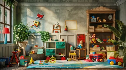 Playroom for children with classic toys as backdrop.