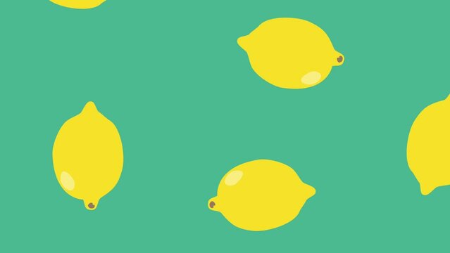 bright trendy cartoon hand drawn simple animation of many rotating lemons on a green background