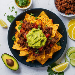 Corn chips nachos with fried minced meat and guacamole isolated on white background