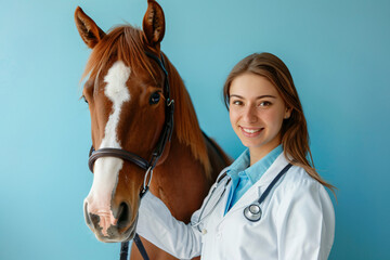 Smiling female veterinarian in a lab coat proudly stands next to a well-groomed horse with a stethoscope around her neck - Powered by Adobe