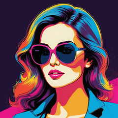 Pop Art beauriful woman with sunglasses neon