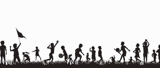 Obraz premium Silhouette of children playing and dancing outdoors, capturing the joy and freedom of childhood in a minimalist black and white style.