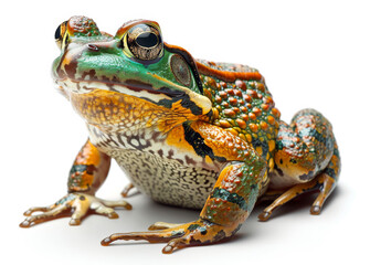 Obraz premium A frog with green and brown spots is standing on a white background. The frog has a curious expression on its face