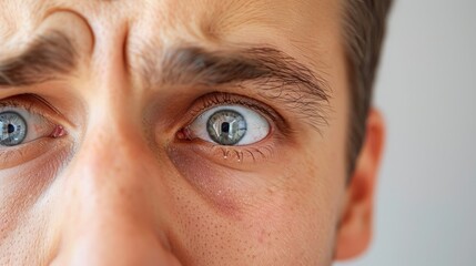 A woman with long eyelashes and blue eyes is looking at the camera with a frown