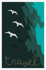 Top view over the sea. Birds fly over ocean waves. Coastline. Travel concept.