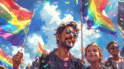Illustration of a LGBTQ family with two dads and their children enjoying a day at a Pride event The background features rainbow flags and a lively crowd Soft, natural light