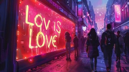 Illustration of a Love is Love street mural in a busy downtown area The background features people walking by and admiring the art