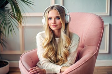 Obraz premium Music lover. A young beautiful blonde girl listens to music in large wireless headphones at home, on an armchair in the living room. Harmony, relaxation and relaxation.