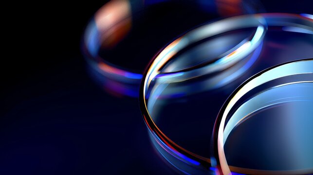 https://s.mj.run/82CDAMhiVPk The four glass lenses overlap with each other, creating a sense of distant space. There is reflection on the mirror surface., Maxon Cinema 4D, high detail , hyper quality,