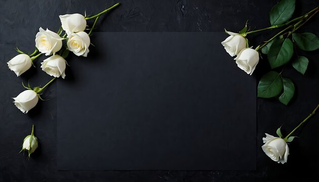 White blank condolence card, memorial card, greeting card with fresh Rose on the dark background. Empty place for a text.