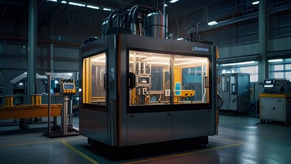 Industry 4.0 in action within a smart factory featuring advanced machinery and robotics in a futuristic industrial setting. Generative Ai