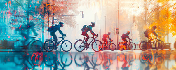 A group of cyclists riding down a city street on a rainy day. The image is in a painterly style.