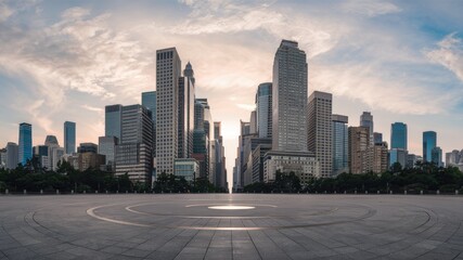 A panoramic view of the skyline and buildings with an empty square on the ground Includes copy space