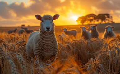 Obraz premium A sheep is standing in a field of tall grass. The sheep is the only one in the foreground