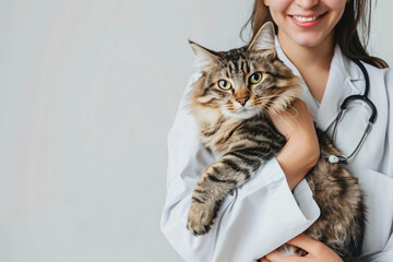 Smiling female veterinarian in white coat holds an adorable tabby cat with attentive care and professional expertise on a light background