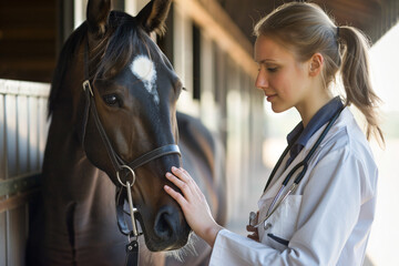 Dedicated female veterinarian tenderly assesses a horse's health in a stable, exemplifying professionalism and animal healthcare expertise