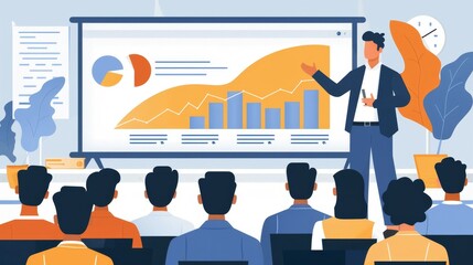 A man is giving a presentation in front of a large screen with a pie chart on it