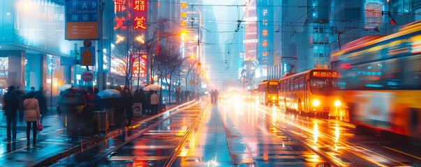 Vibrant city street at night with neon lights, blurred motion, and rainy reflections. Urban scene bustling with traffic and pedestrians.