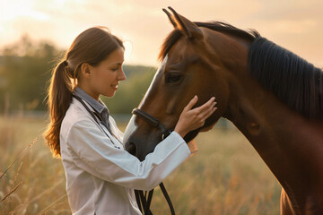Caring female veterinarian lovingly interacts with a beautiful horse outdoors during a serene, golden sunset in a tranquil rural setting