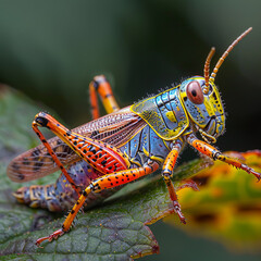 Fototapeta premium a small colorful grasshopper on a leaf