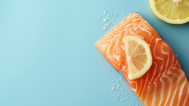 A fresh salmon steak with lemon and orange slices rests on a blue background