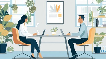 Two people sitting at a table in a room with plants