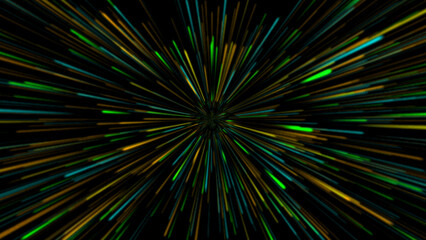Fototapeta premium Abstract neon geometric background in green color and turquoise featuring a hyperdrive lightspeed tunnel loop with a technology circular centric zoom motion pattern. Glowing rays animation, led lights