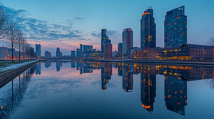 Naklejka premium city skyline with skyscrapers and reflections on river at sunset