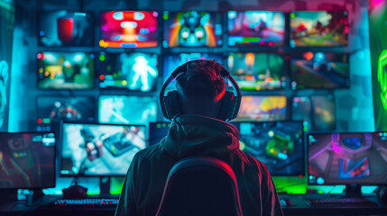 Gaming enthusiast surrounded by multiple monitors displaying diverse games. 