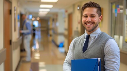 Smiling professional man in a hospital corridor, holding a folder and wearing business casual attire. Healthcare and hospital environment.