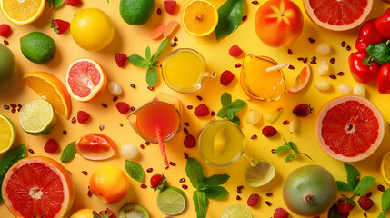 Fresh fruit and vegetable still life with vibrant colors arranged on a yellow background - suitable for health, nutrition, or culinary themes.