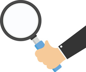 Businessman holding magnifying glass. Searching opportunity or inspecting. Recruitment and human resources concept.

