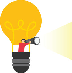 Obraz premium Search for new business opportunity, idea or inspiration, business visionary, challenge or achievement concept, businessman riding light bulb balloon using spyglass or telescope searching for vision. 