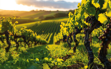 A vineyard with green vines and a few grapes