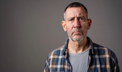 Obraz premium Middle age caucasian man isolated on a gray background with copy space