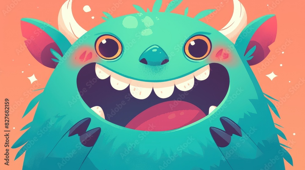 Poster A cute and expressive happy monster face in a stylized cartoon cartoon style exudes joyful emotions