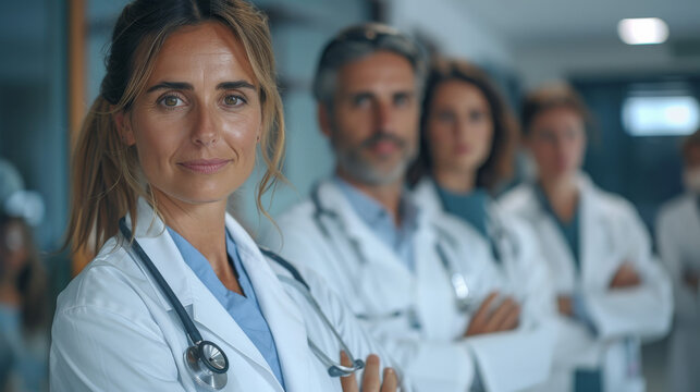 Group of confident doctors standing in hospital