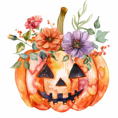 Orange floral isolated pumpkin with scary smile. Watercolor scary pumpkin in flowers. Happy Halloween holiday, Jack O Lantern illustration. Traditional decorative element for festive design, decor.