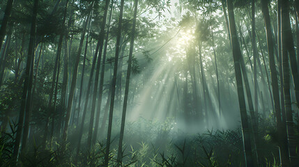 A serene bamboo forest with sunlight filtering through the dense canopy