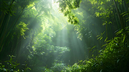 A serene bamboo forest with sunlight filtering through the dense canopy