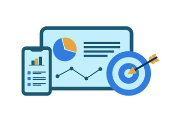 Illustrative vector graphic Report showing target achievement data displaying graphs and diagrams for business, financial and achievement reporting needs.