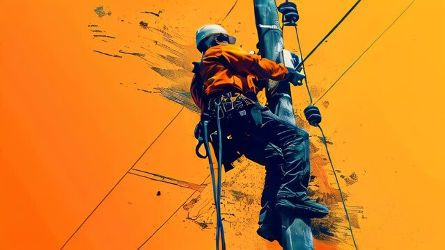 a line man climbing on tower electricity
