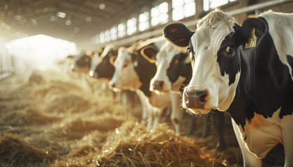 The cows standing in the stalls on a modern farm, livestock industry. Copy space.