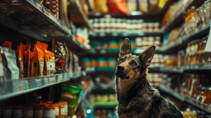 A brown dog stands in a pet store and looks at food