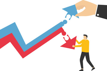 Growth or recession. Business strategy concept.Hand inserts the missing puzzle in arrow graph up.

