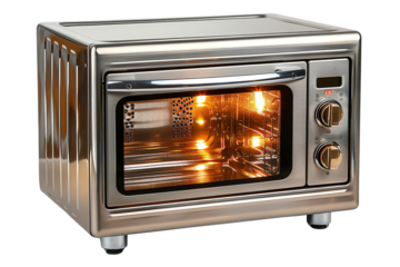 Stainless steel toaster oven with convection function illuminated on a white background, ideal for modern kitchens and efficient cooking.